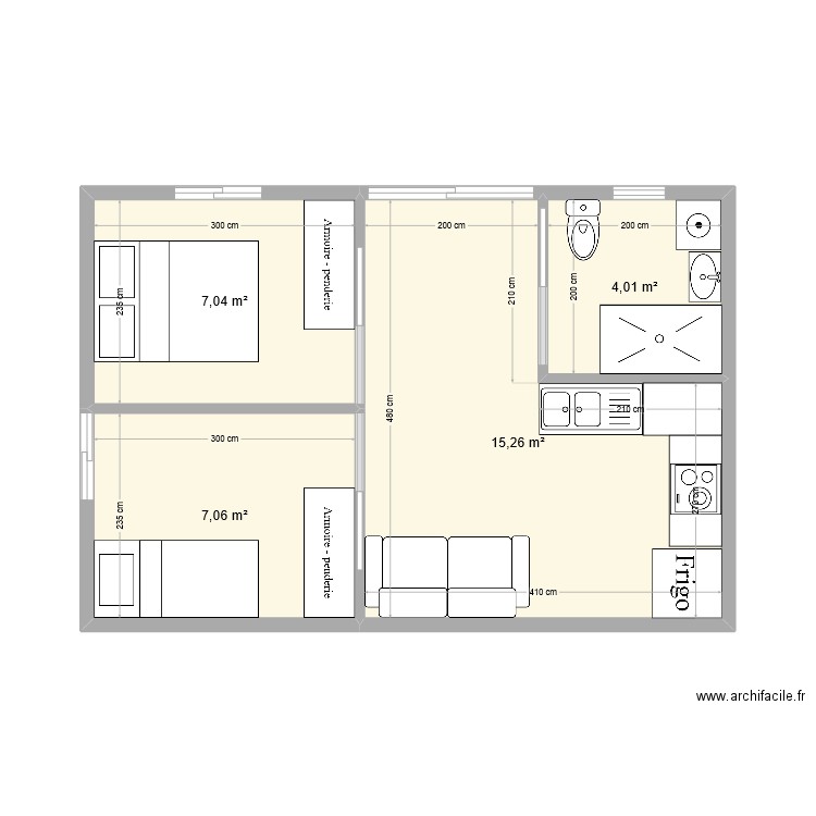 studio. Plan de 4 pièces et 33 m2