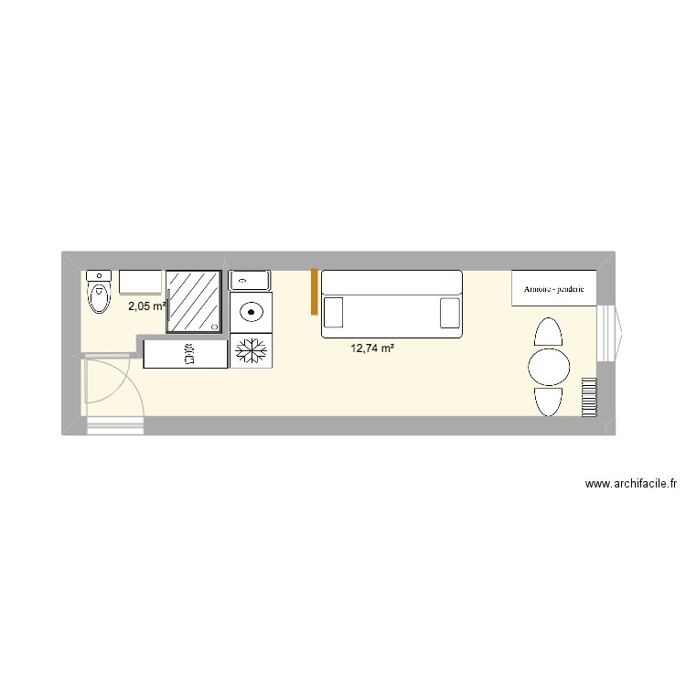 foch chambre 62 V3. Plan de 2 pièces et 15 m2