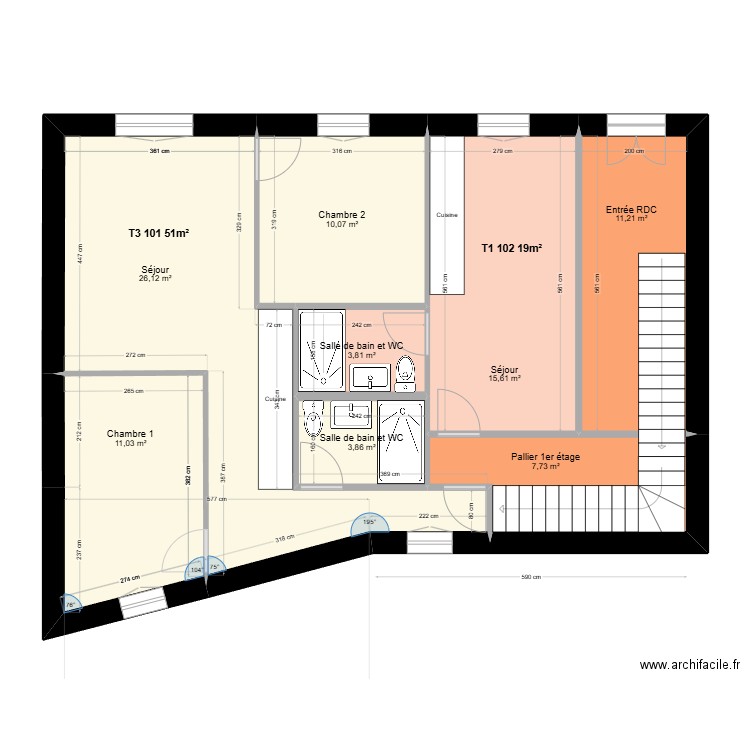 Liberté étage 1 V3. Plan de 8 pièces et 89 m2