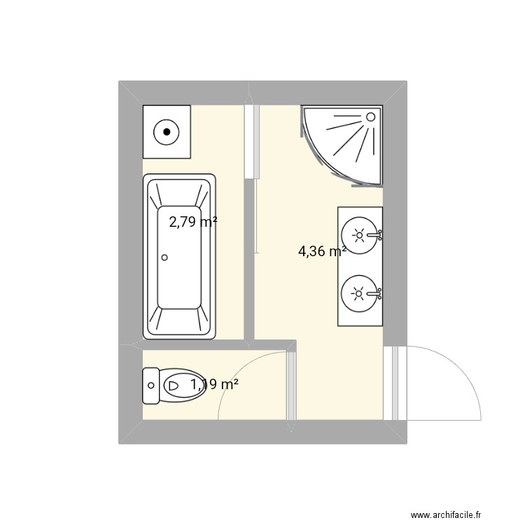 Salle de bain 9m². Plan de 3 pièces et 8 m2