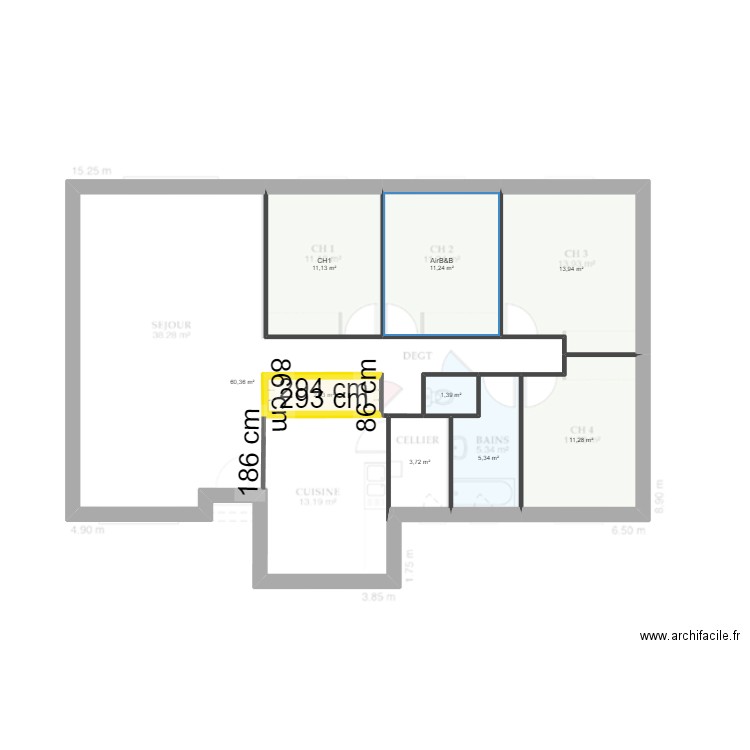 Plan initial. Plan de 9 pièces et 125 m2