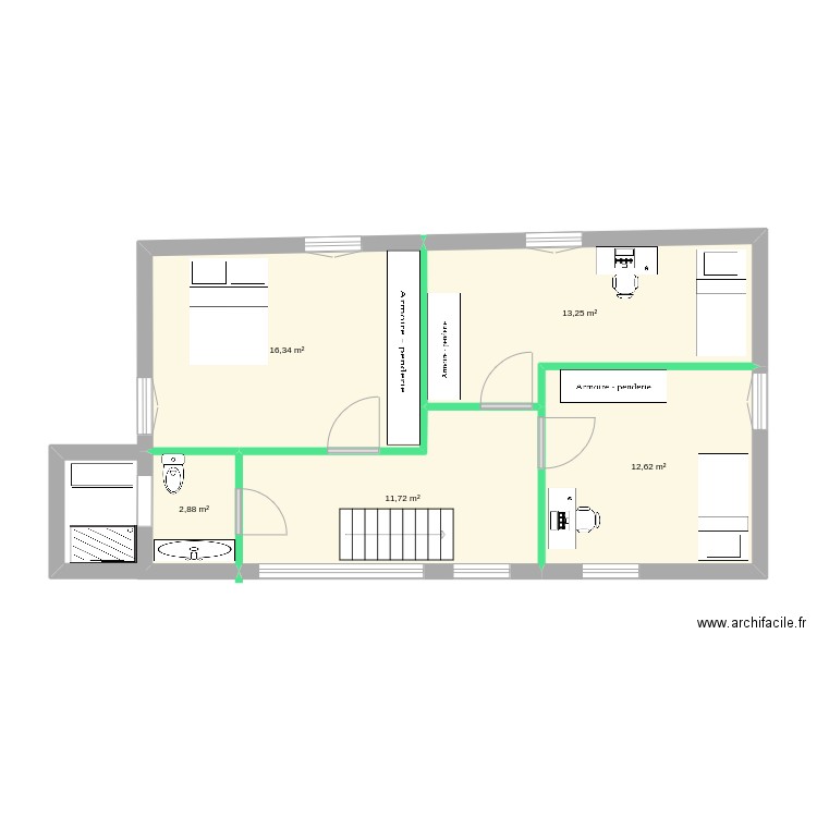 Vinça étage. Plan de 5 pièces et 57 m2