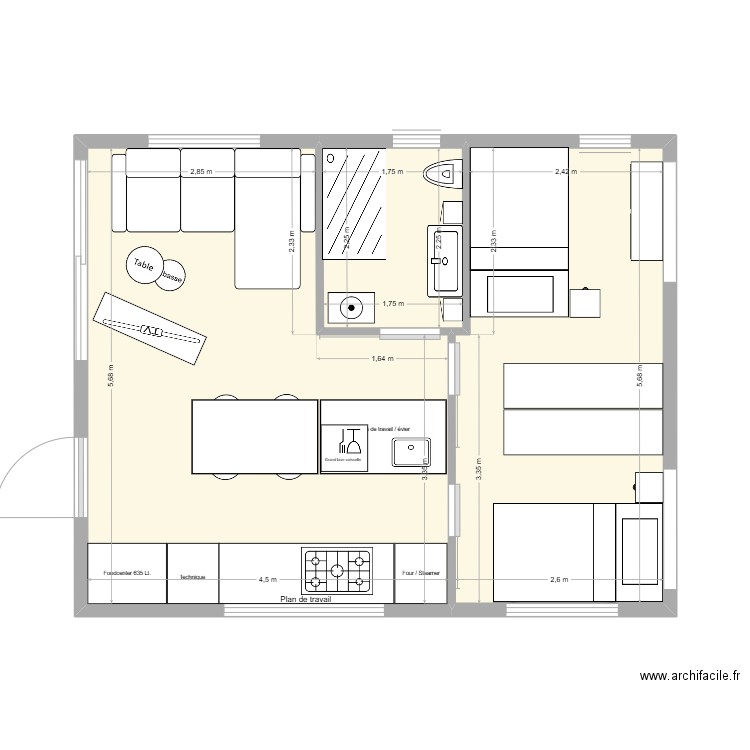 Lacet Flair_plan de base avec les aménagements et meubles. Plan de 3 pièces et 40 m2