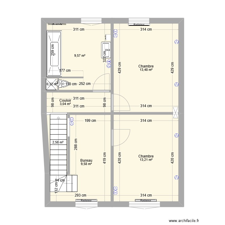 1er etage. Plan de 7 pièces et 52 m2