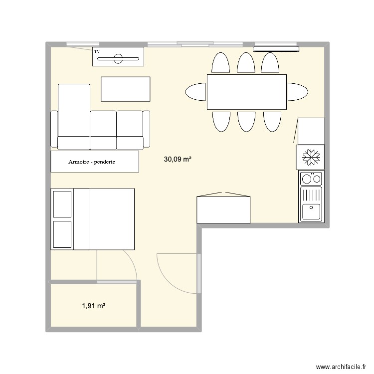 Appart. Plan de 2 pièces et 32 m2