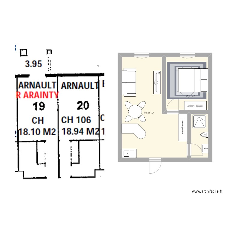 Lot 19 & 20_T2 à renover. Plan de 2 pièces et 36 m2