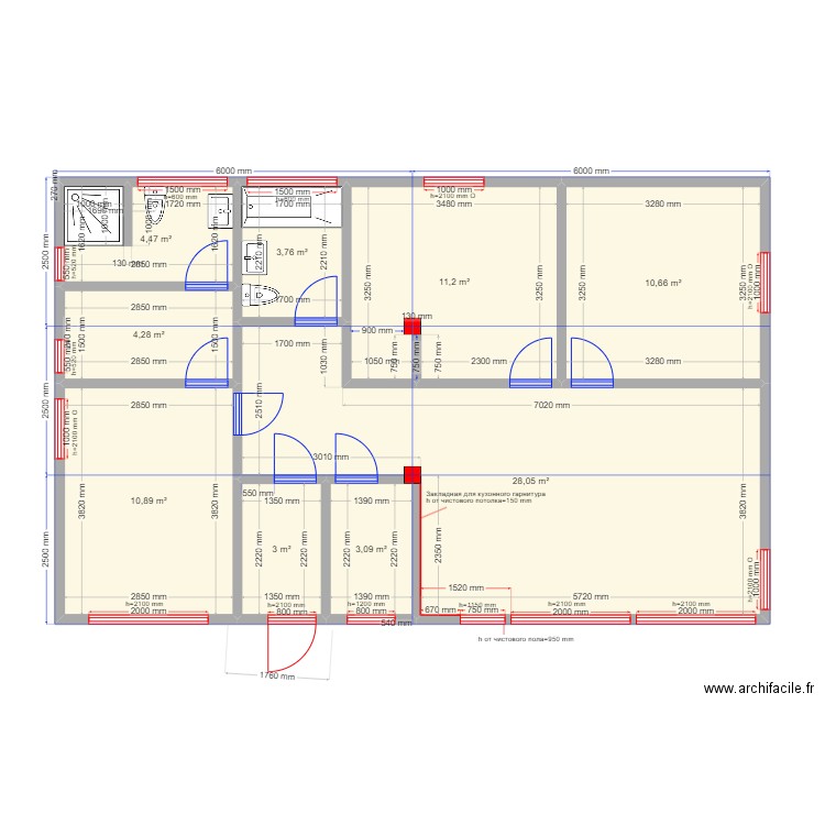 Химки. Plan de 9 pièces et 79 m2