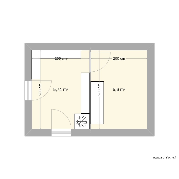 arriere cuisine. Plan de 2 pièces et 11 m2