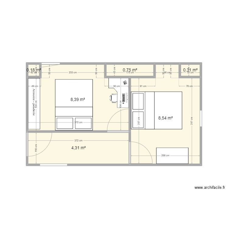 aménagement chambres. Plan de 6 pièces et 22 m2