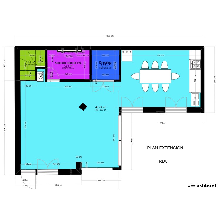 RDC  surf totale. Plan de 6 pièces et 53 m2