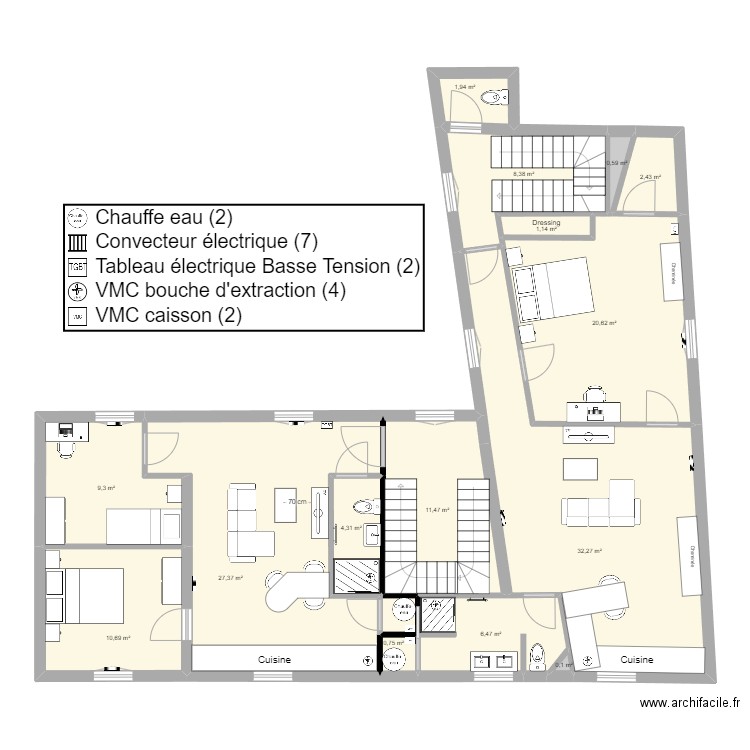 Plan Réhabilitation amenagement 1er CDL. Plan de 15 pièces et 138 m2