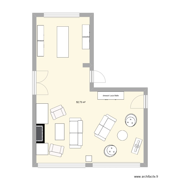 living. Plan de 1 pièce et 53 m2