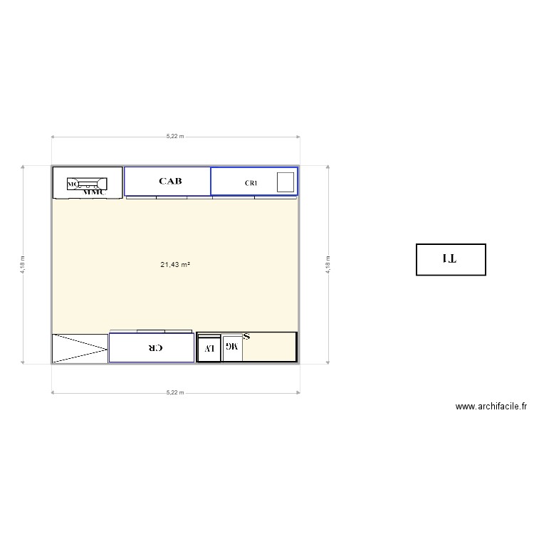 PLAN COIN BAR . Plan de 1 pièce et 21 m2