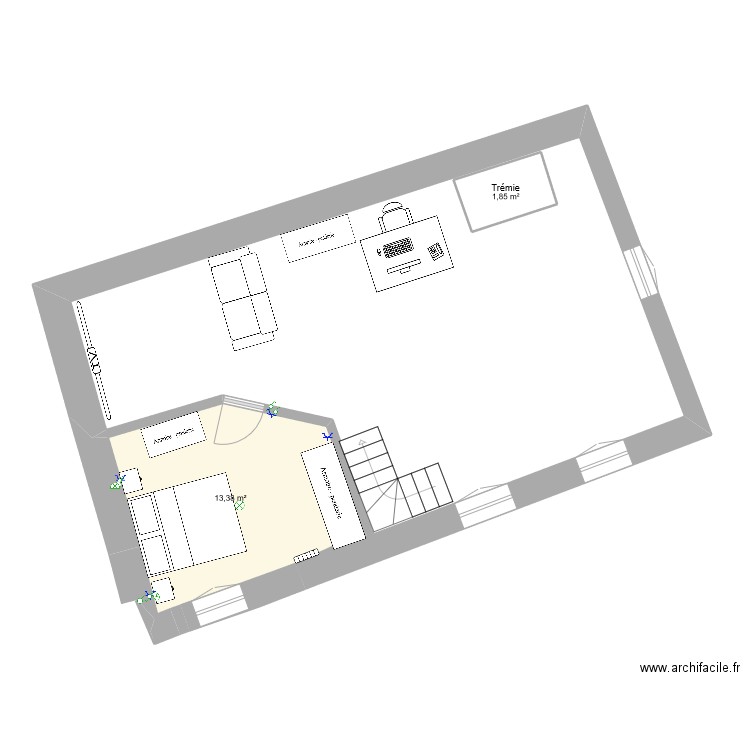 Chambre a l'echelle 1er étage B et F. Plan de 2 pièces et 15 m2