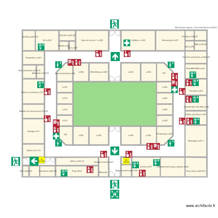 Plan batiment principal procédure incendie. Plan de 59 pièces et 271 m2