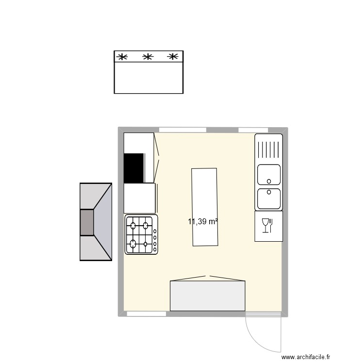 cuisine  1 com. Plan de 1 pièce et 11 m2