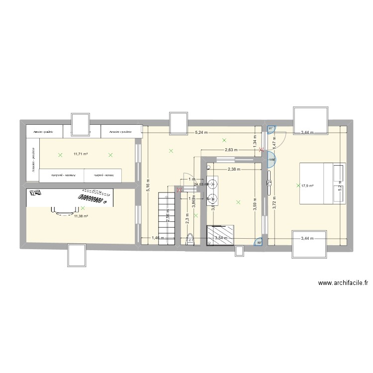 aménagement combles. Plan de 4 pièces et 66 m2