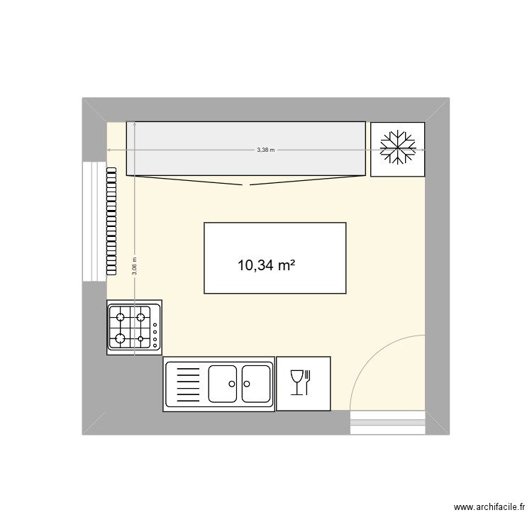 Cuisine actuelle. Plan de 1 pièce et 10 m2