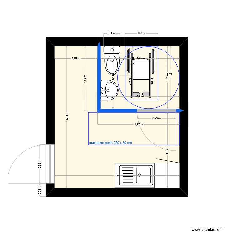 WC -cuisine 01. Plan de 2 pièces et 10 m2