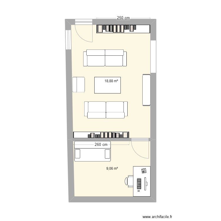 salon bureau. Plan de 2 pièces et 28 m2