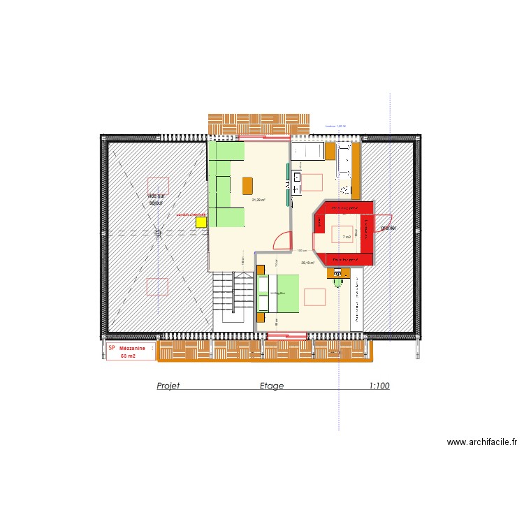 étage béné sansloggia. Plan de 2 pièces et 50 m2