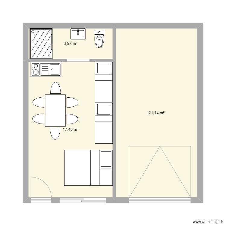 garage studio 6 personnes. Plan de 3 pièces et 43 m2