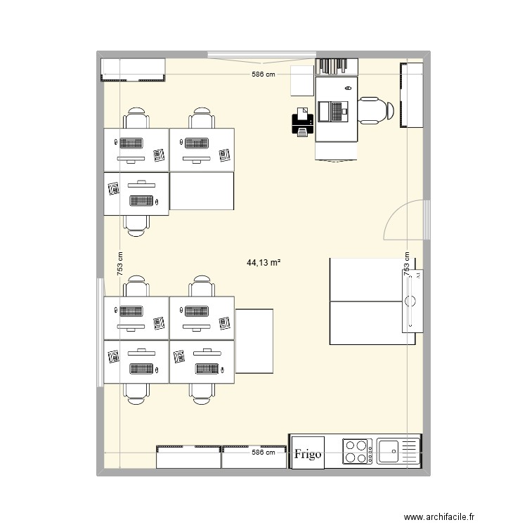 bureau 3. Plan de 1 pièce et 44 m2