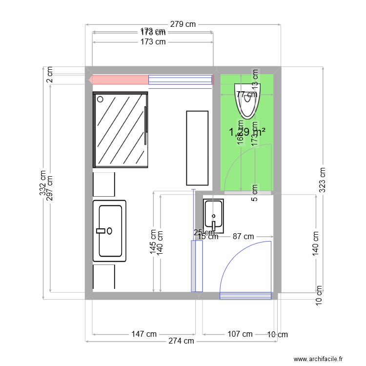 sdb 1. Plan de 1 pièce et 1 m2