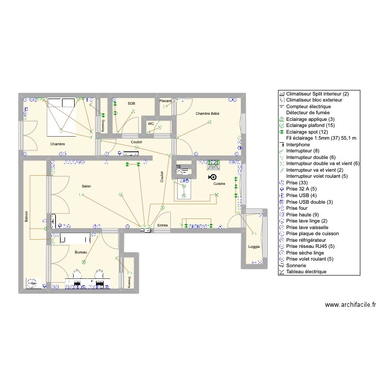 Etienne Plan Elec N2. Plan de 12 pièces et 76 m2