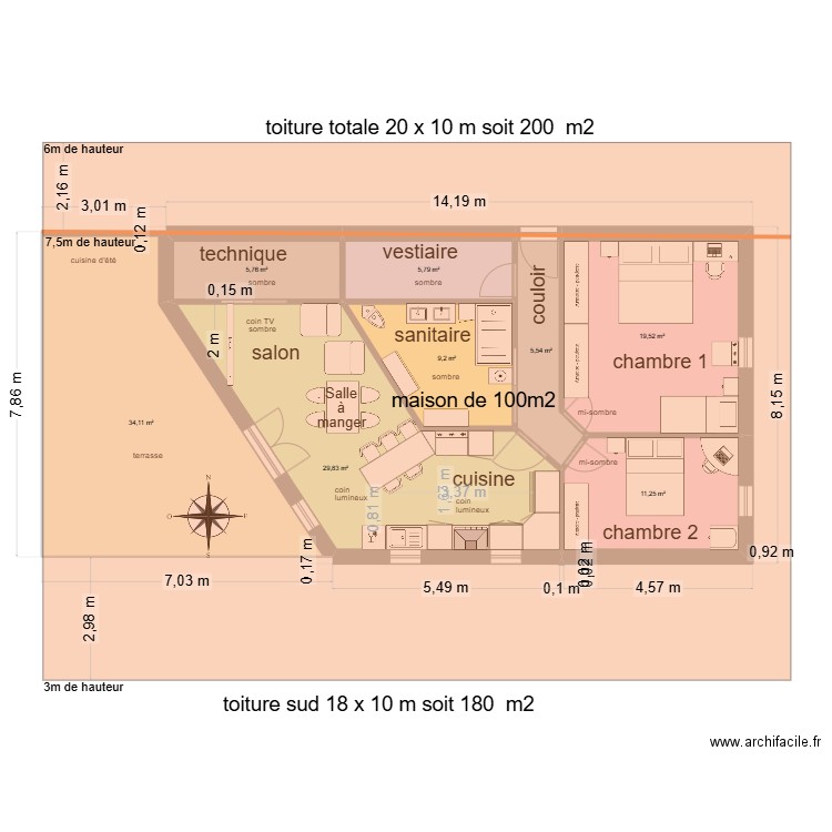 Maison sud toiture 06. Plan de 8 pièces et 121 m2