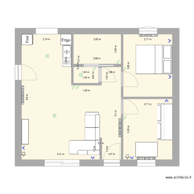 maison Plan technique. Plan de 4 pièces et 55 m2