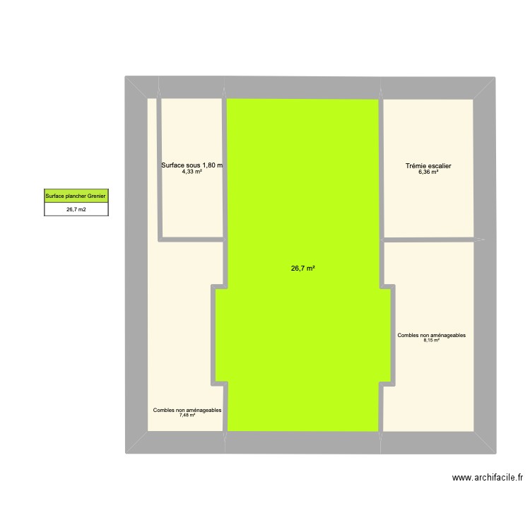 Surface Plancher Grenier. Plan de 5 pièces et 53 m2