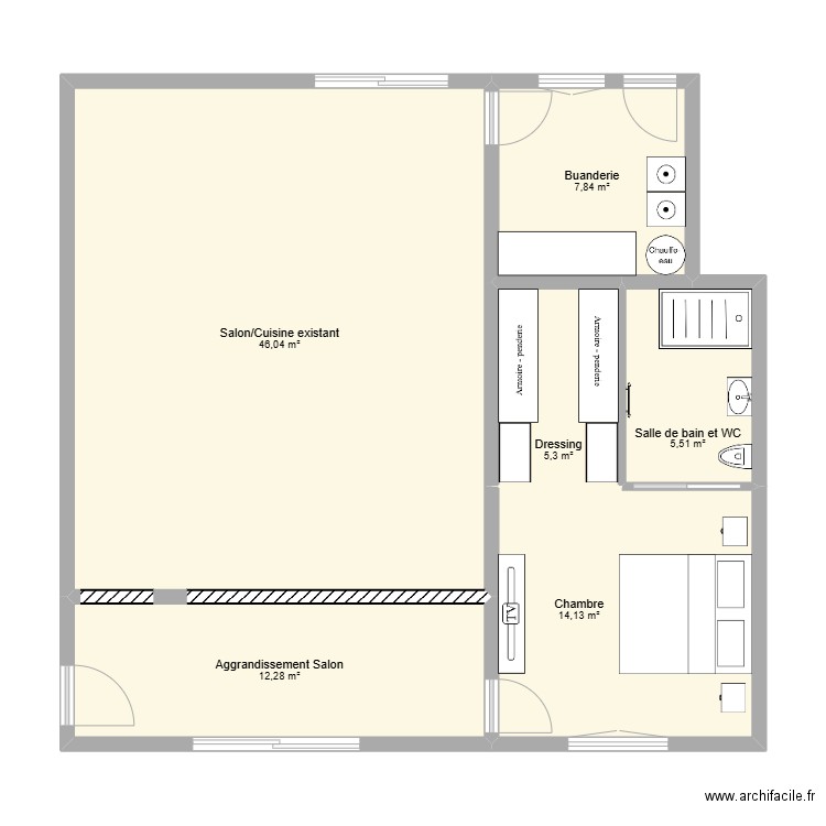 Extension. Plan de 6 pièces et 91 m2