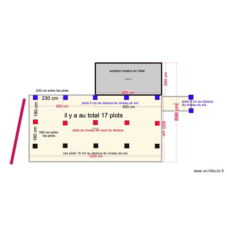 plan plateforme 6X12 pour pose terrasse pour maçon. Plan de 3 pièces et 91 m2