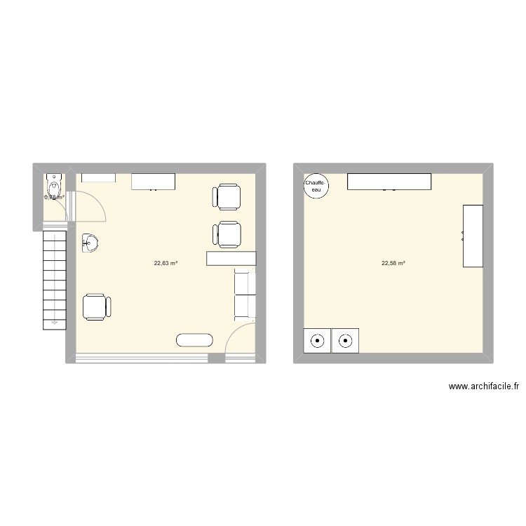 Salon de coiffure yeu. Plan de 3 pièces et 46 m2