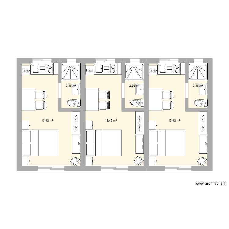 Plan Appartement x3. Plan de 6 pièces et 47 m2