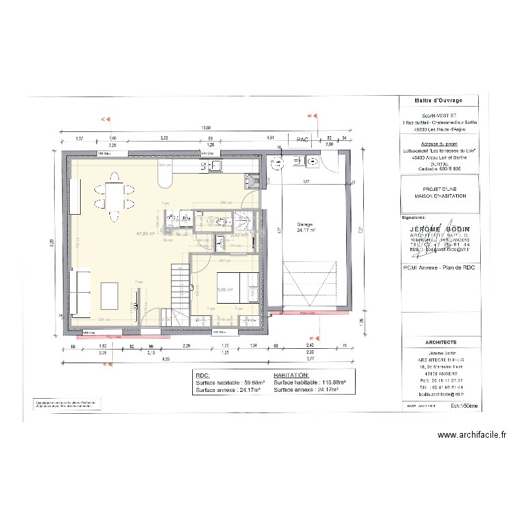 Rdc durtal. Plan de 6 pièces et 62 m2