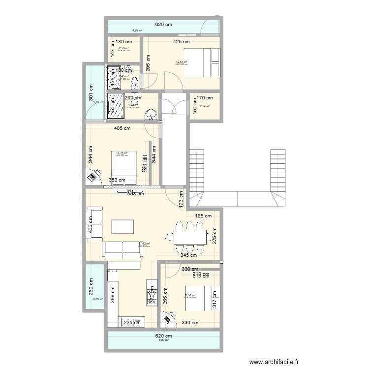 2F2-2. Plan de 12 pièces et 104 m2