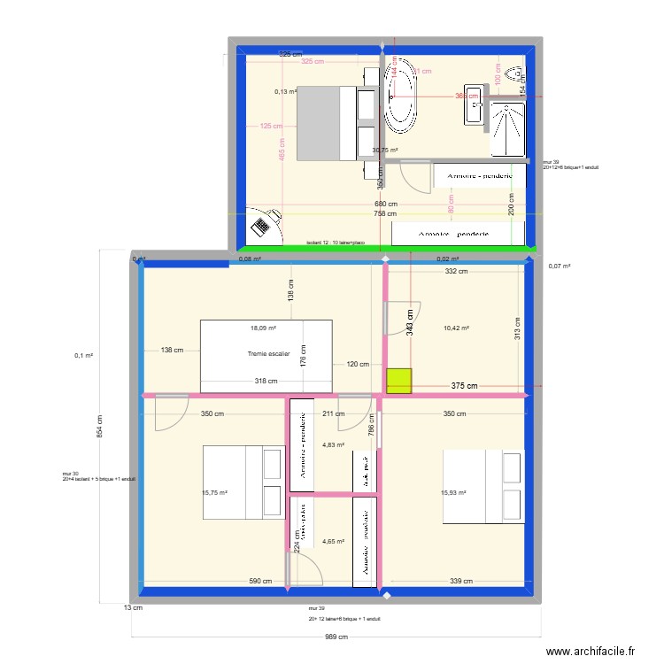 plan étage bis. Plan de 13 pièces et 101 m2