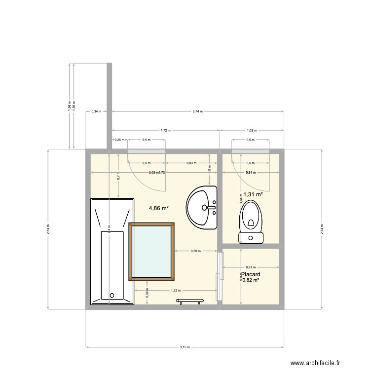 SDB Mélanie EDL. Plan de 3 pièces et 7 m2