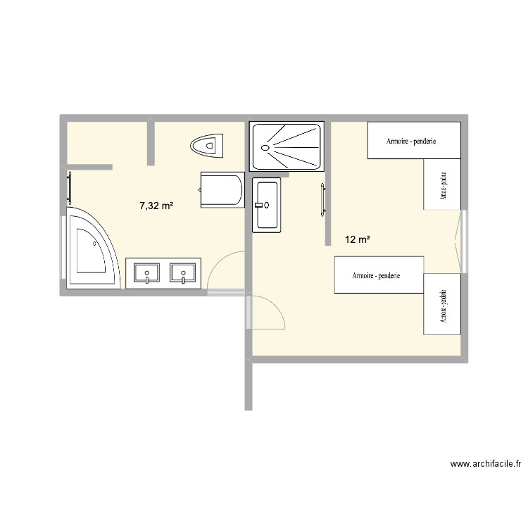 salle de bain. Plan de 2 pièces et 19 m2