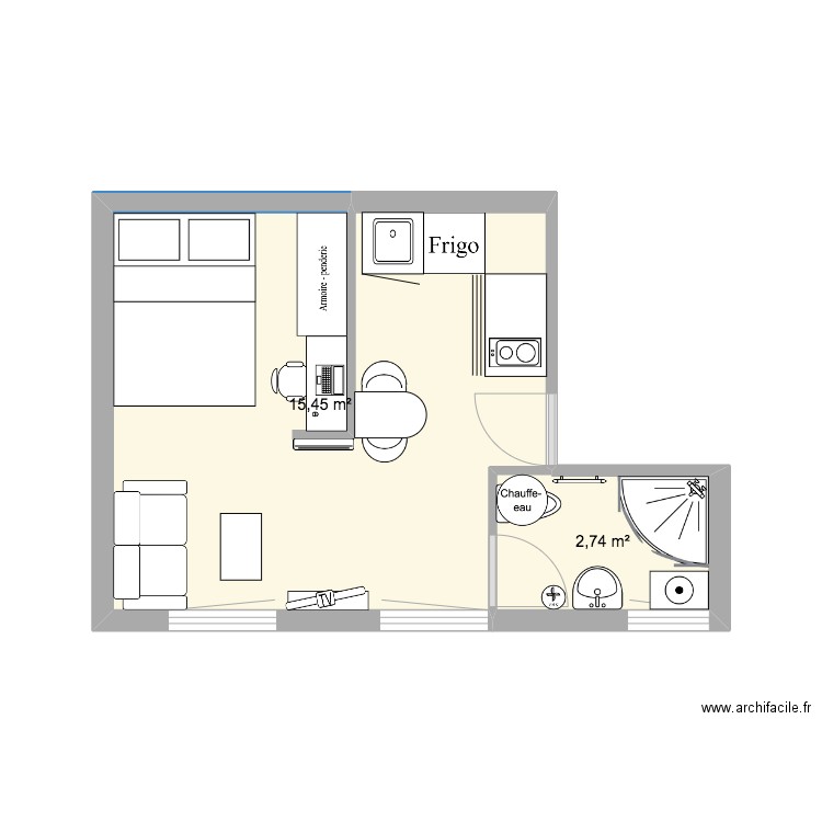 Studio 1er. Plan de 2 pièces et 18 m2