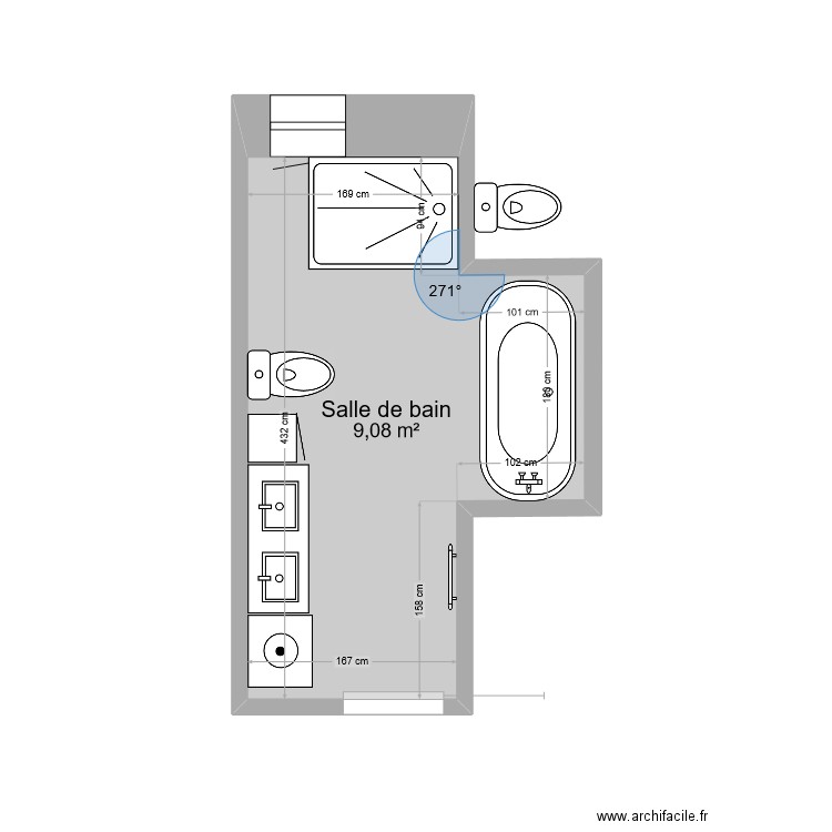 Salle de bain. Plan de 1 pièce et 9 m2