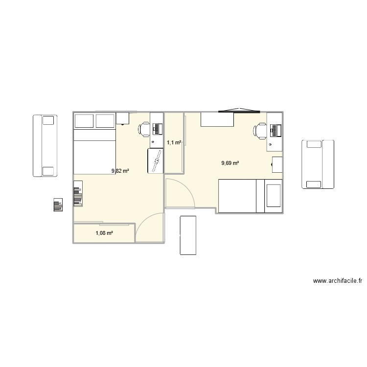 Chambre Dado. Plan de 4 pièces et 22 m2