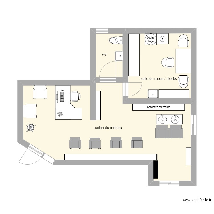 salon de coiffure. Plan de 3 pièces et 41 m2