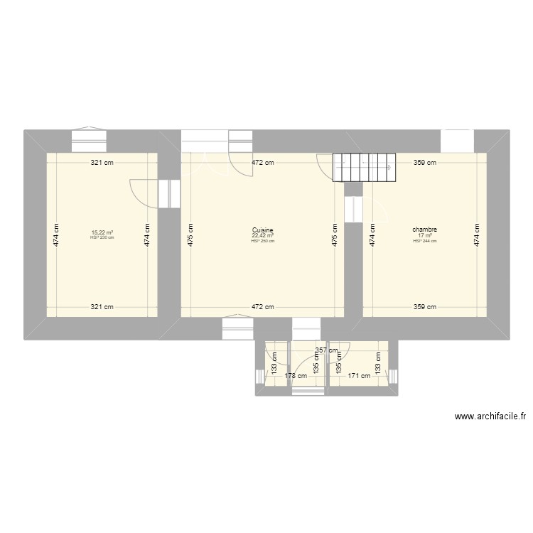 RDC avec cotations. Plan de 4 pièces et 59 m2