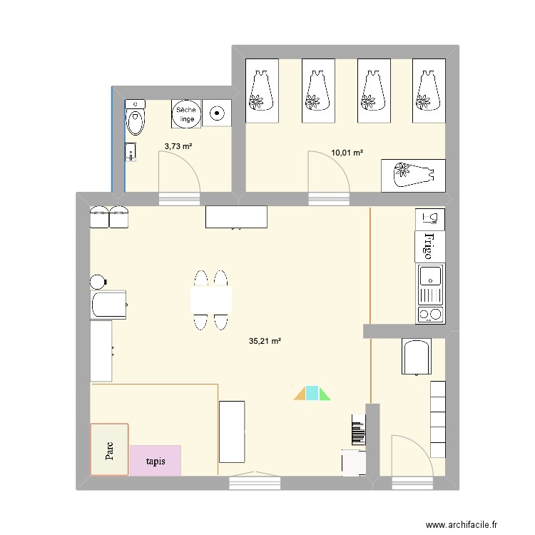 Milieu d'accueil. Plan de 3 pièces et 49 m2