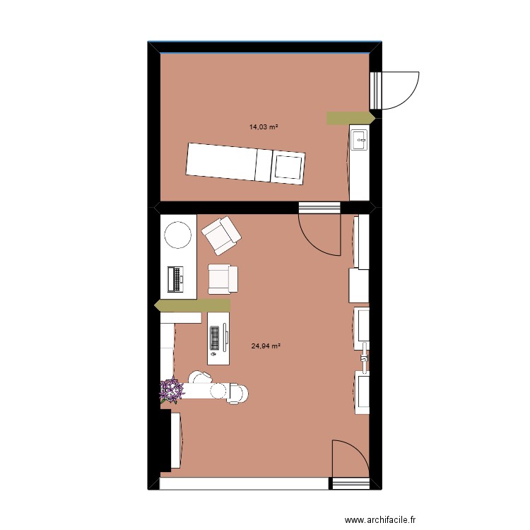 institut. Plan de 2 pièces et 39 m2