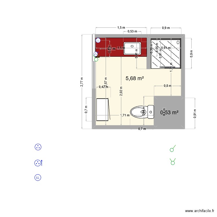 SALLE DE BAIN 1010. Plan de 2 pièces et 6 m2