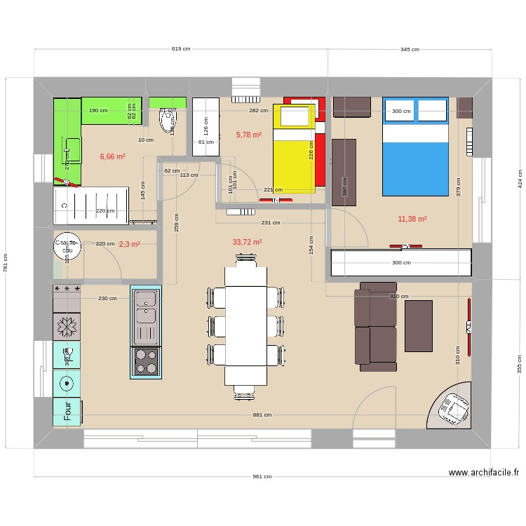 modif new 60m2. Plan de 5 pièces et 60 m2